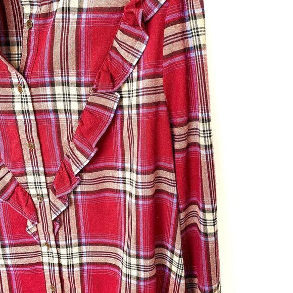 Entro Maroon Plaid Ruffle Detail Button Down - Picture 4 of 8